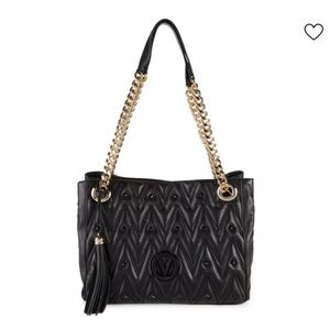 Valentino by Mario Luisad Quilted Diamond Black Leather Gold Chain Shoulder Bag‎